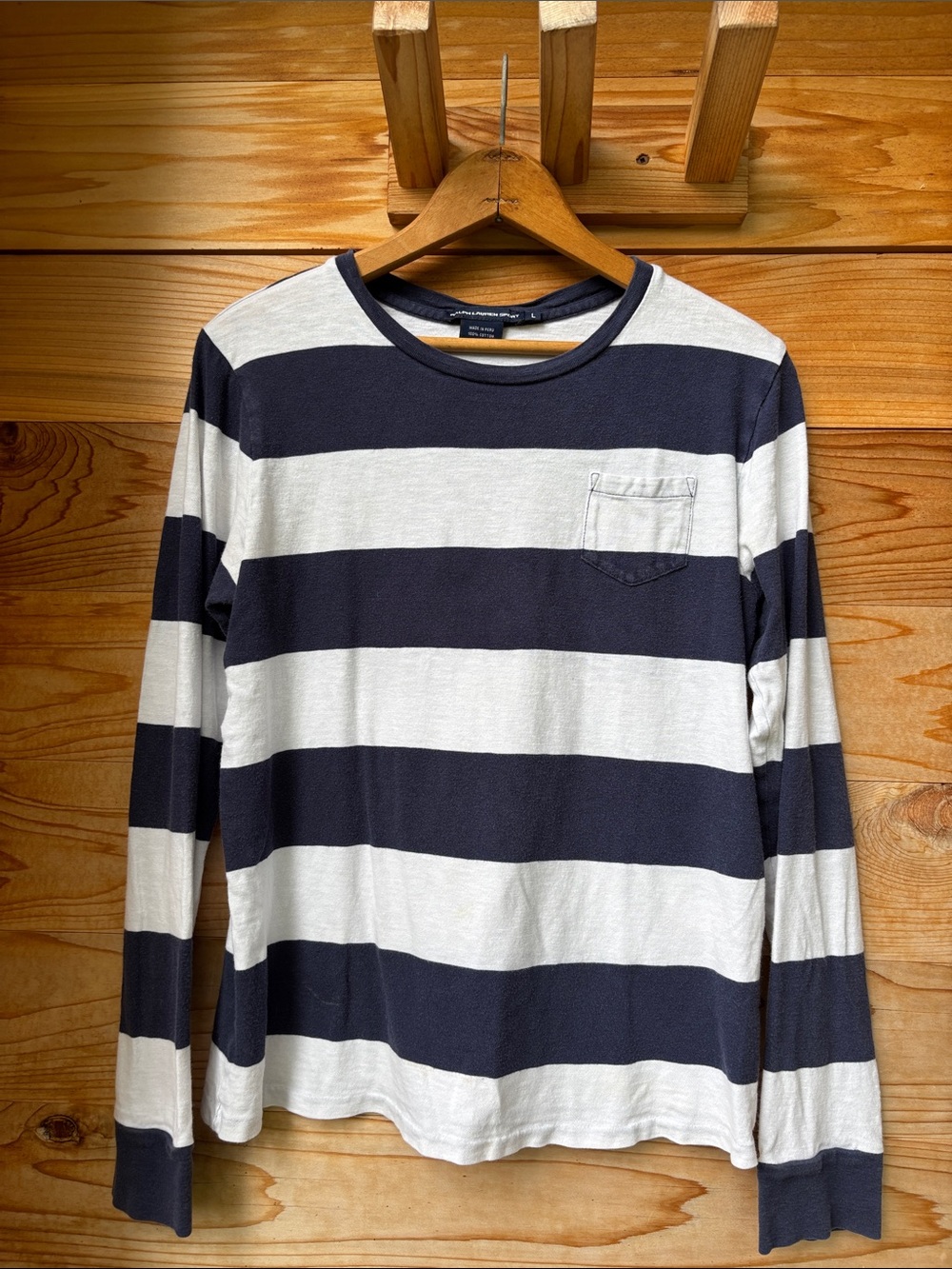 Ralph Lauren Sport Striped Long Sleeve Cotton Pocket Tee Navy White L